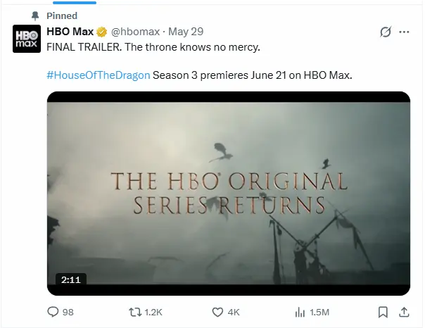 HBO Max official announcement confirming House of the Dragon Season 3 premieres on June 21