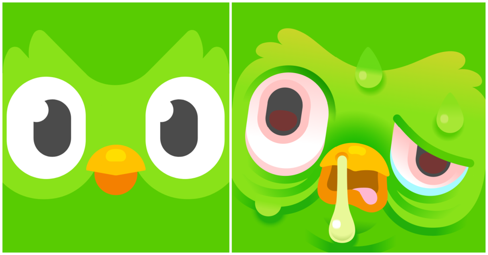 Por que o ícone do aplicativo Duolingo parece triste, chorando ou doente?