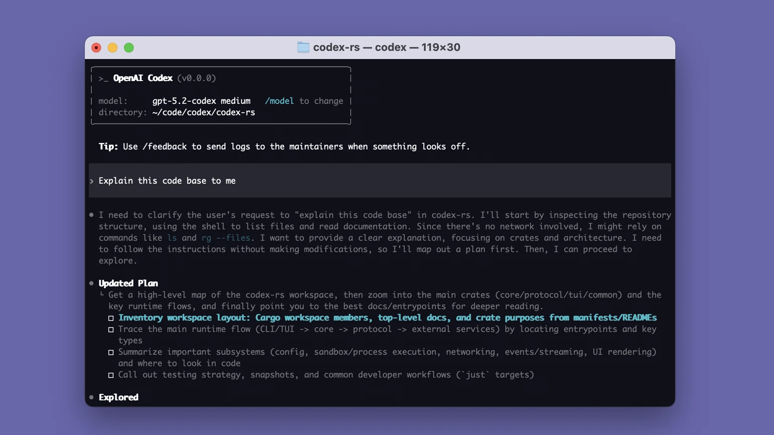 Codex CLI 检查代码库并生成执行计划