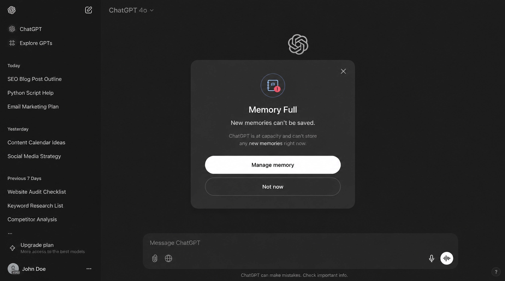chatgpt memory full
