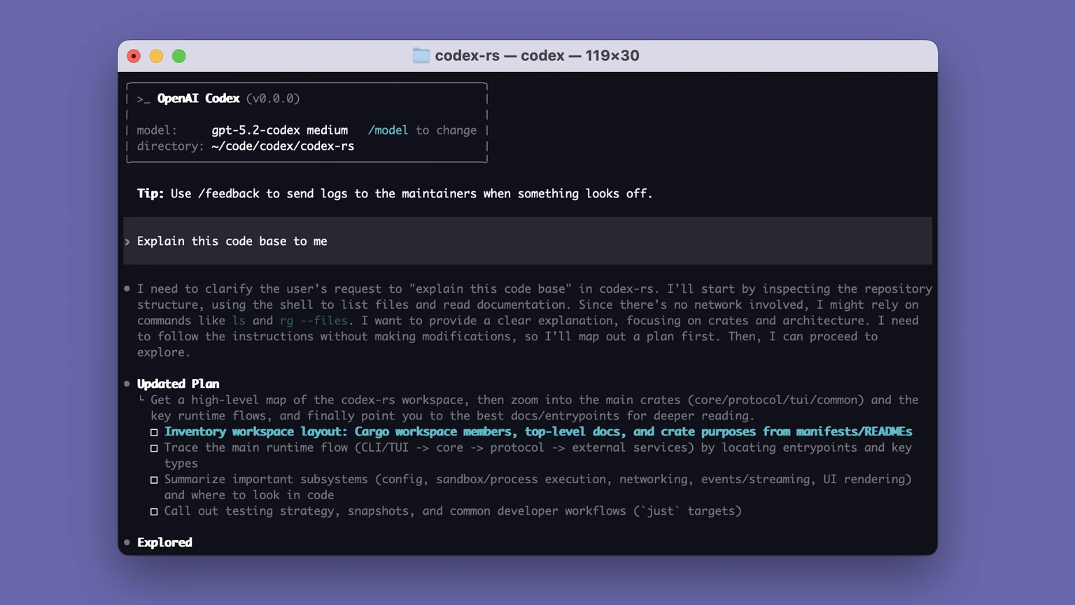 Codex CLI inspecting a codebase and building an execution plan