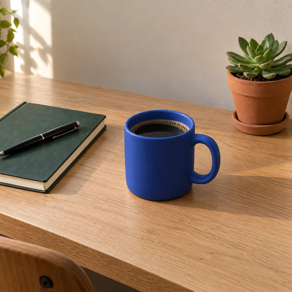Flare result with a cobalt blue coffee mug and the notebook, pen, and succulent still in the scene