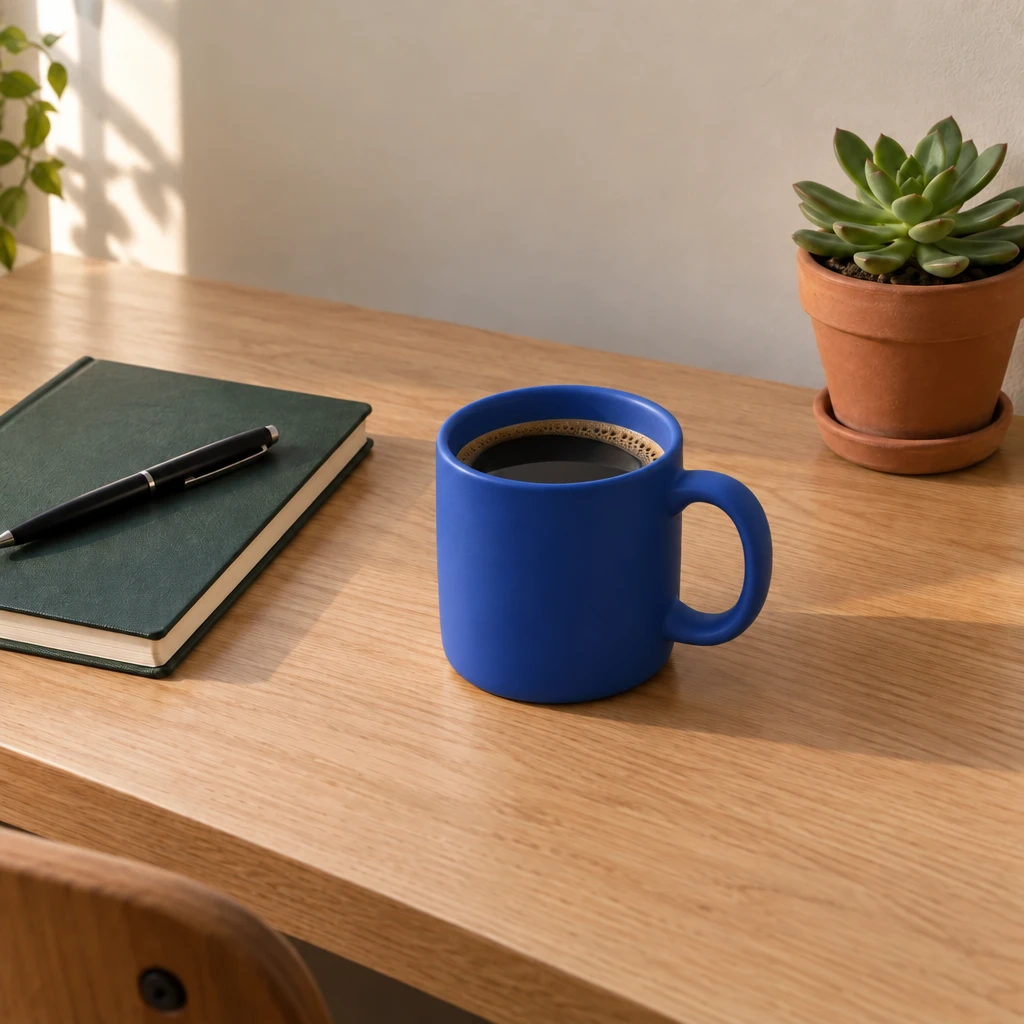 Sunburst result with a cobalt blue mug while retaining the desk layout and surrounding objects