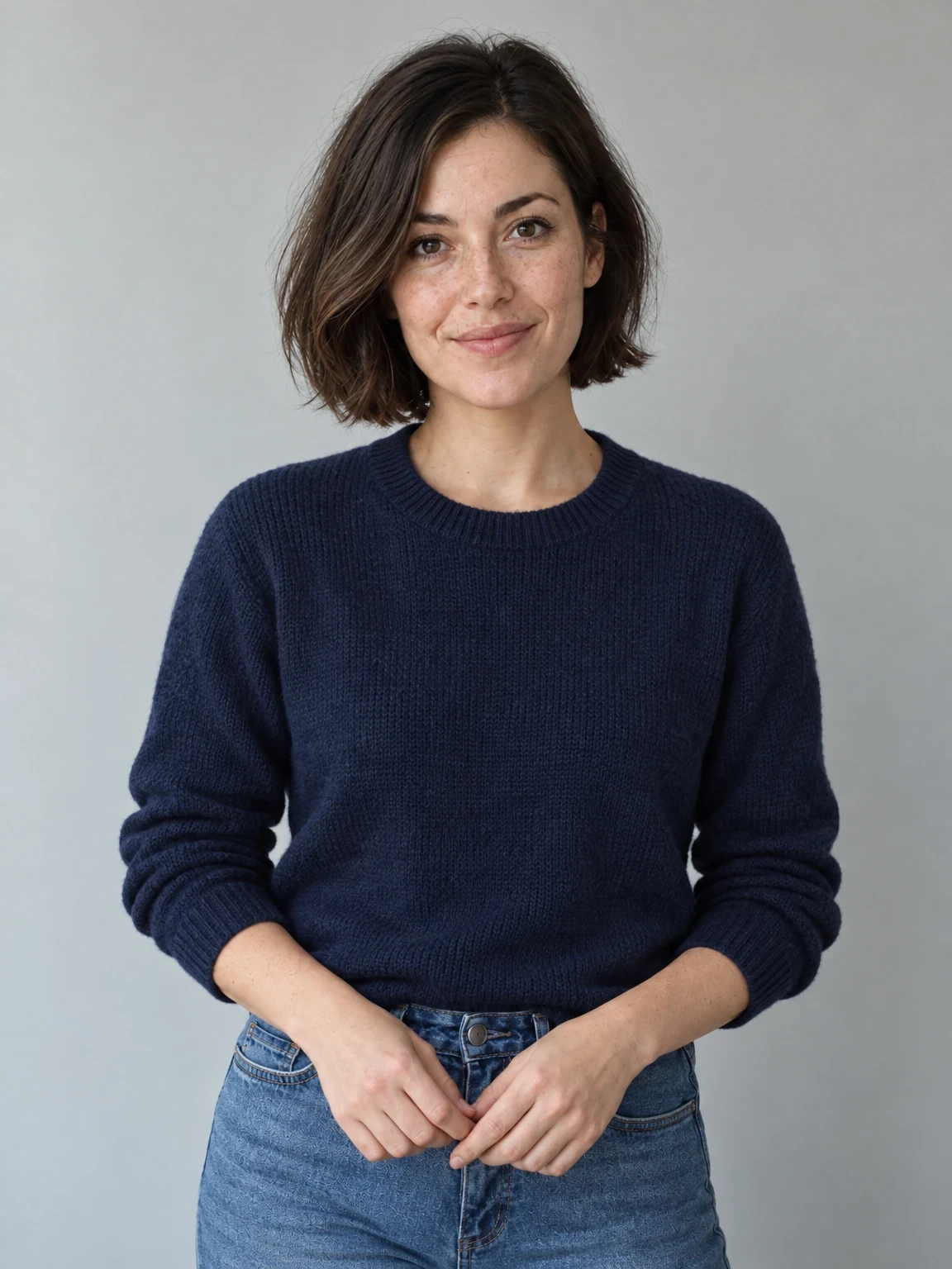 Flare outfit-edit result showing a navy knitted crew-neck sweater with bunched sleeves and visible hands