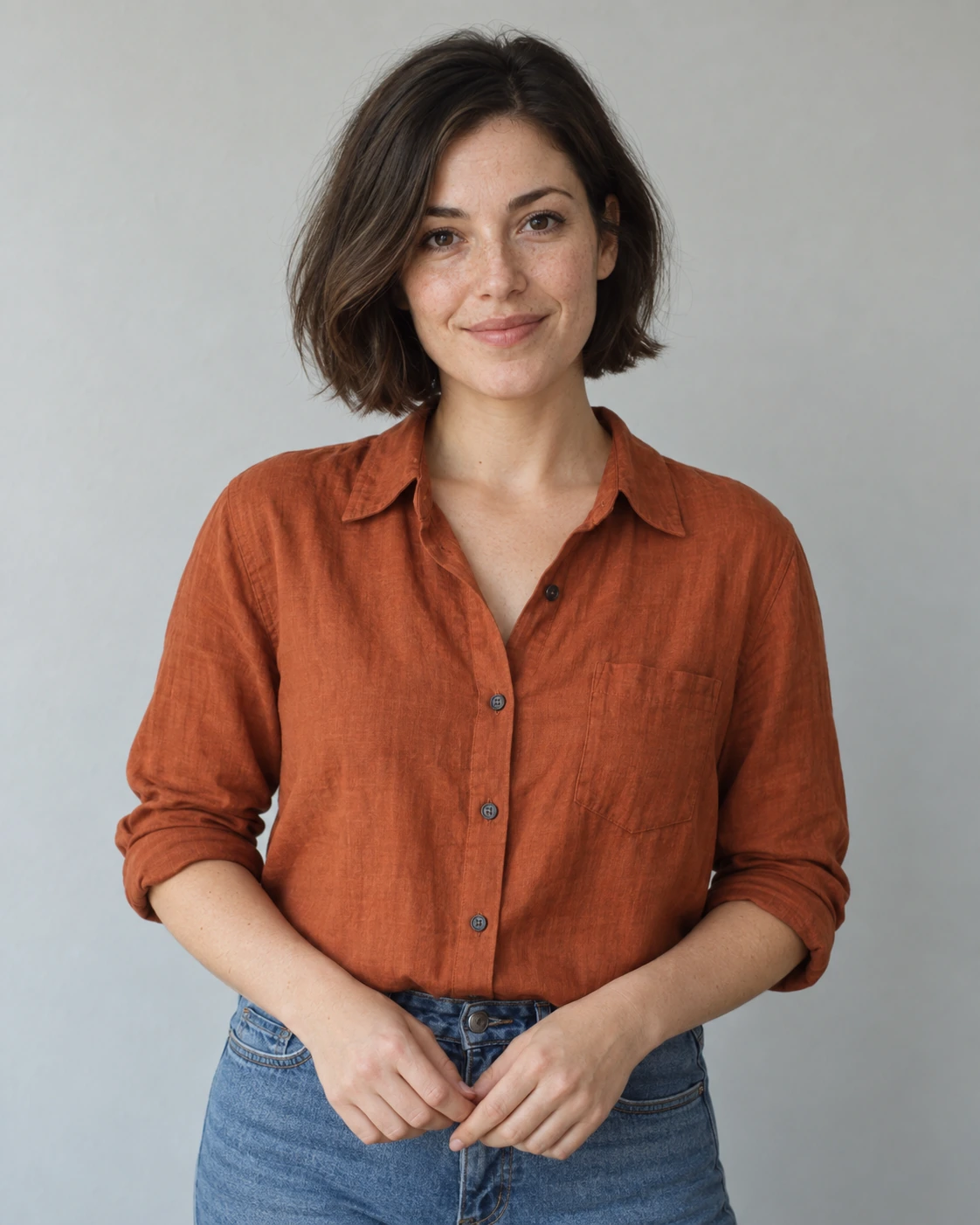 Original portrait of a woman with a short brown bob wearing a rust-colored shirt and blue jeans