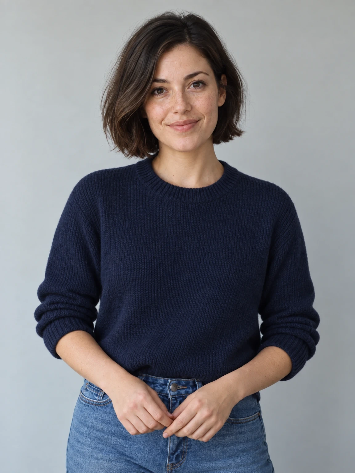 Sunburst outfit-edit result showing a navy crew-neck sweater with textured knit and visible hands against a gray background