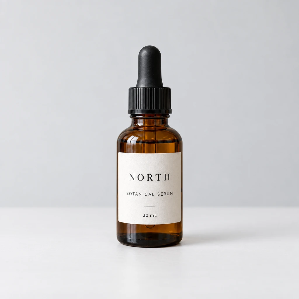 Flare result showing the NORTH serum bottle on a white surface with a pale gray background