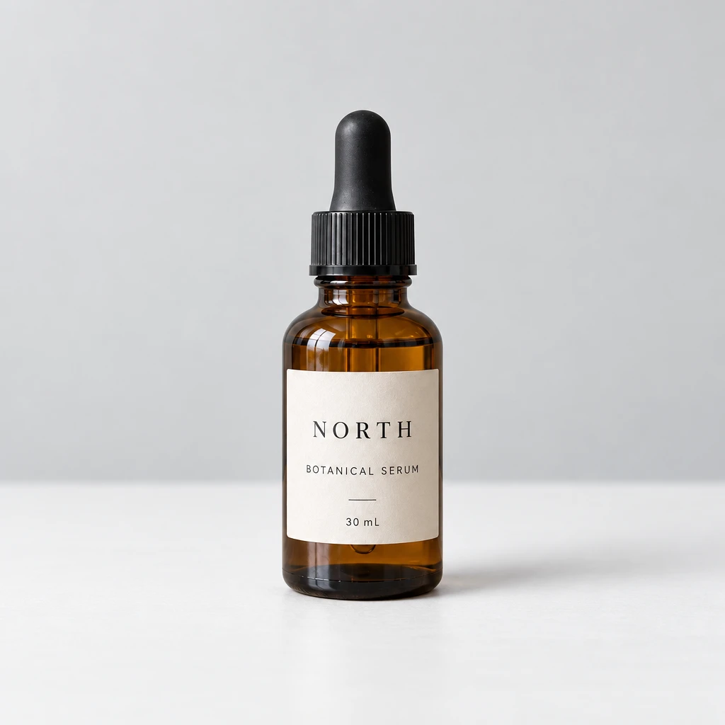 Sunburst result showing the NORTH serum bottle with preserved label text in a gray studio setting