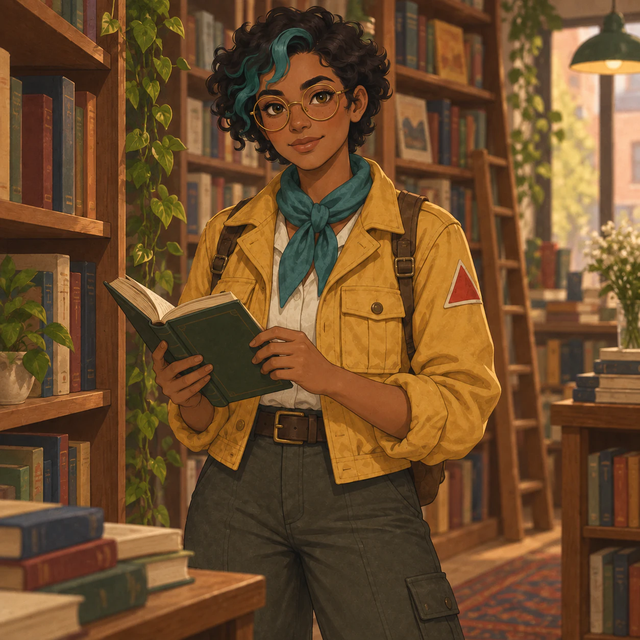 Explorer character holding an open book in a bookstore, with a cargo pocket on the viewer’s right