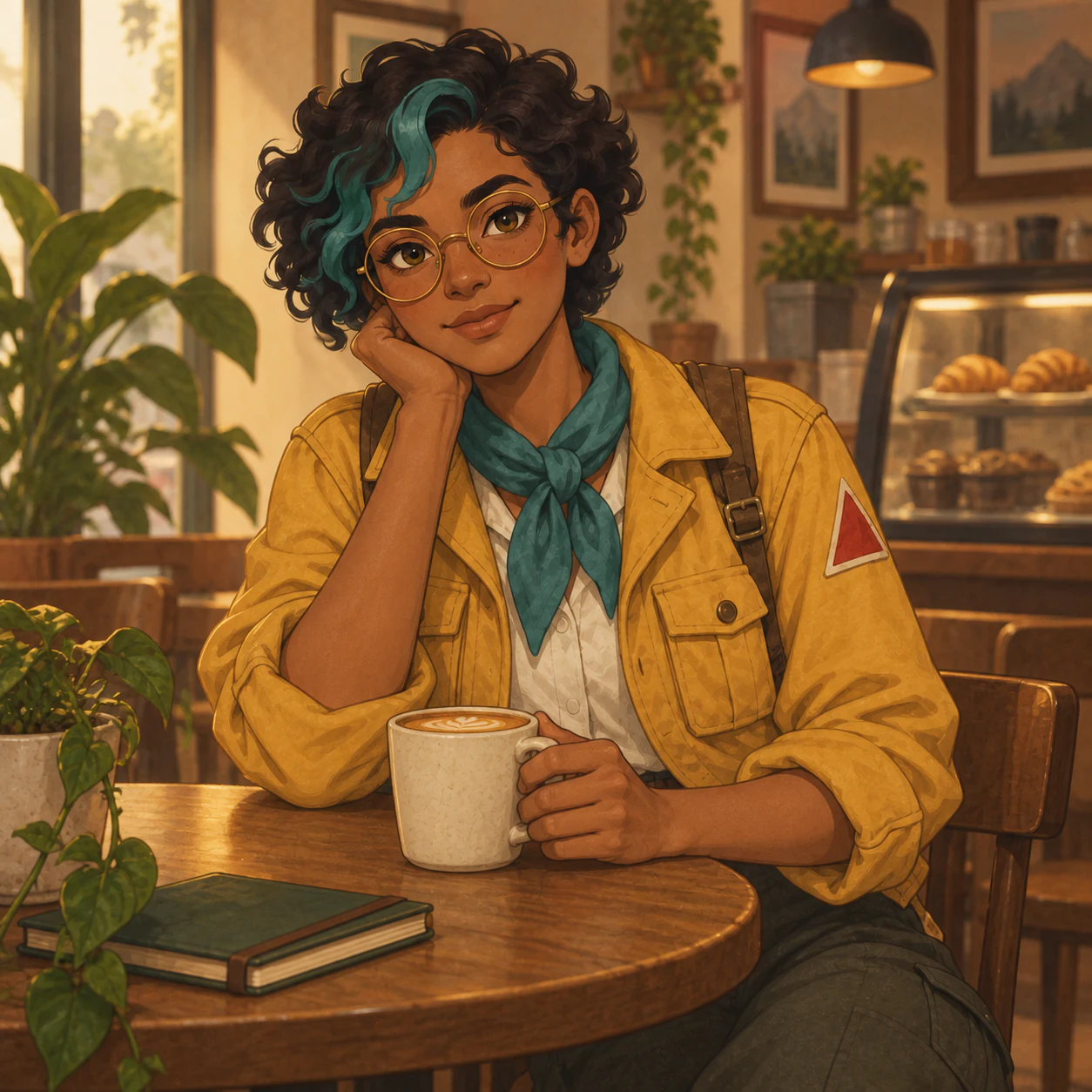 Explorer character seated at a café table holding a coffee mug