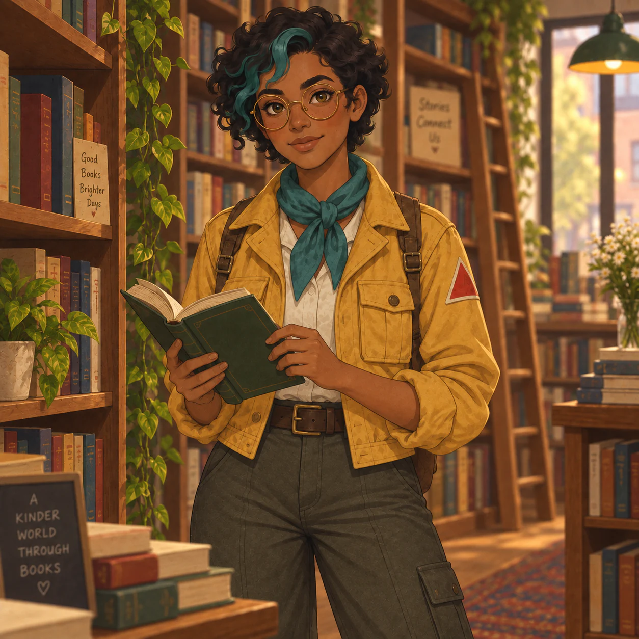Retried bookstore character with the cargo pocket still on the right and newly added background signs