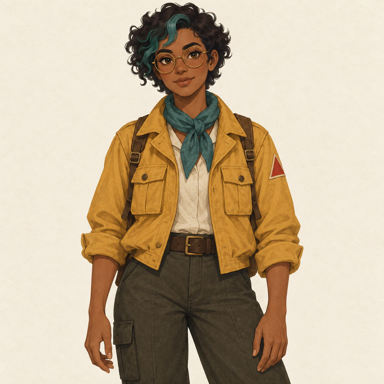 Explorer character reference with a teal forelock, amber glasses, mustard jacket, and red sleeve patch