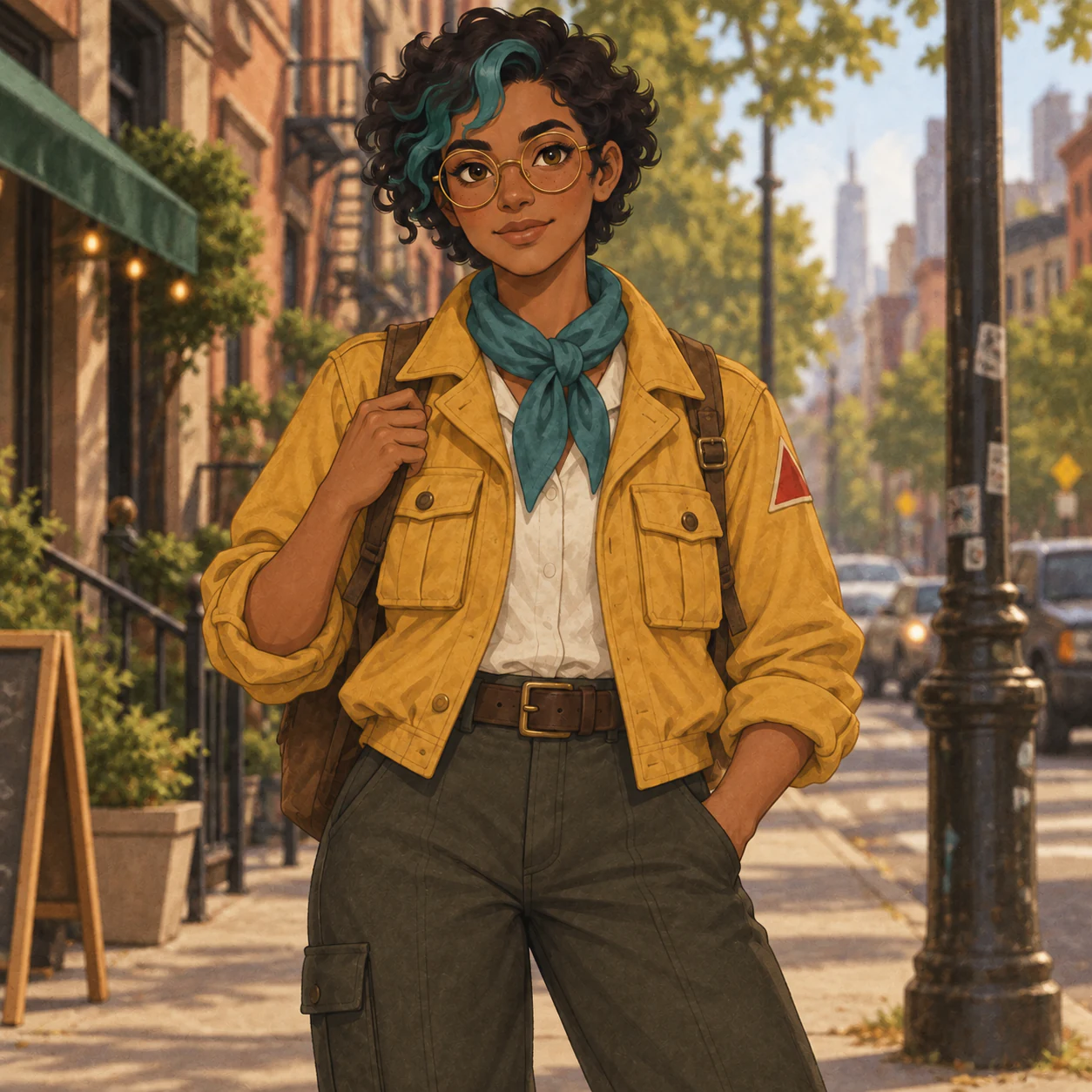 Explorer character on a city street, holding a backpack strap with a cargo pocket on the viewer’s left