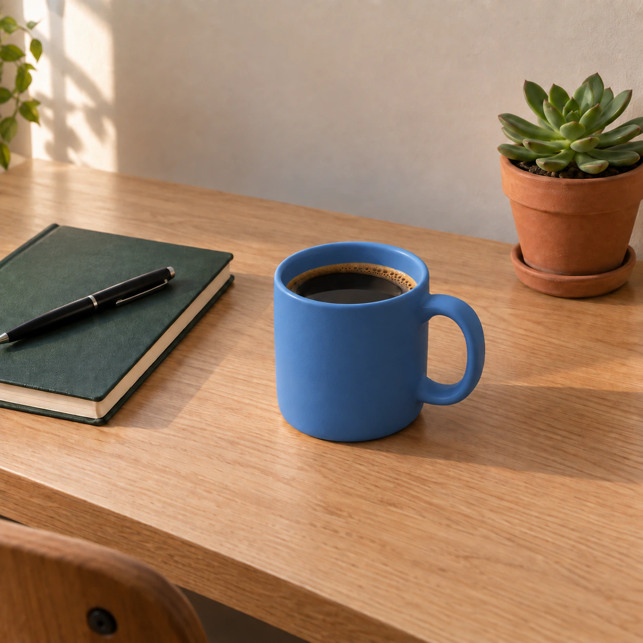 Second blue mug edit with subtle texture changes on the notebook and desk