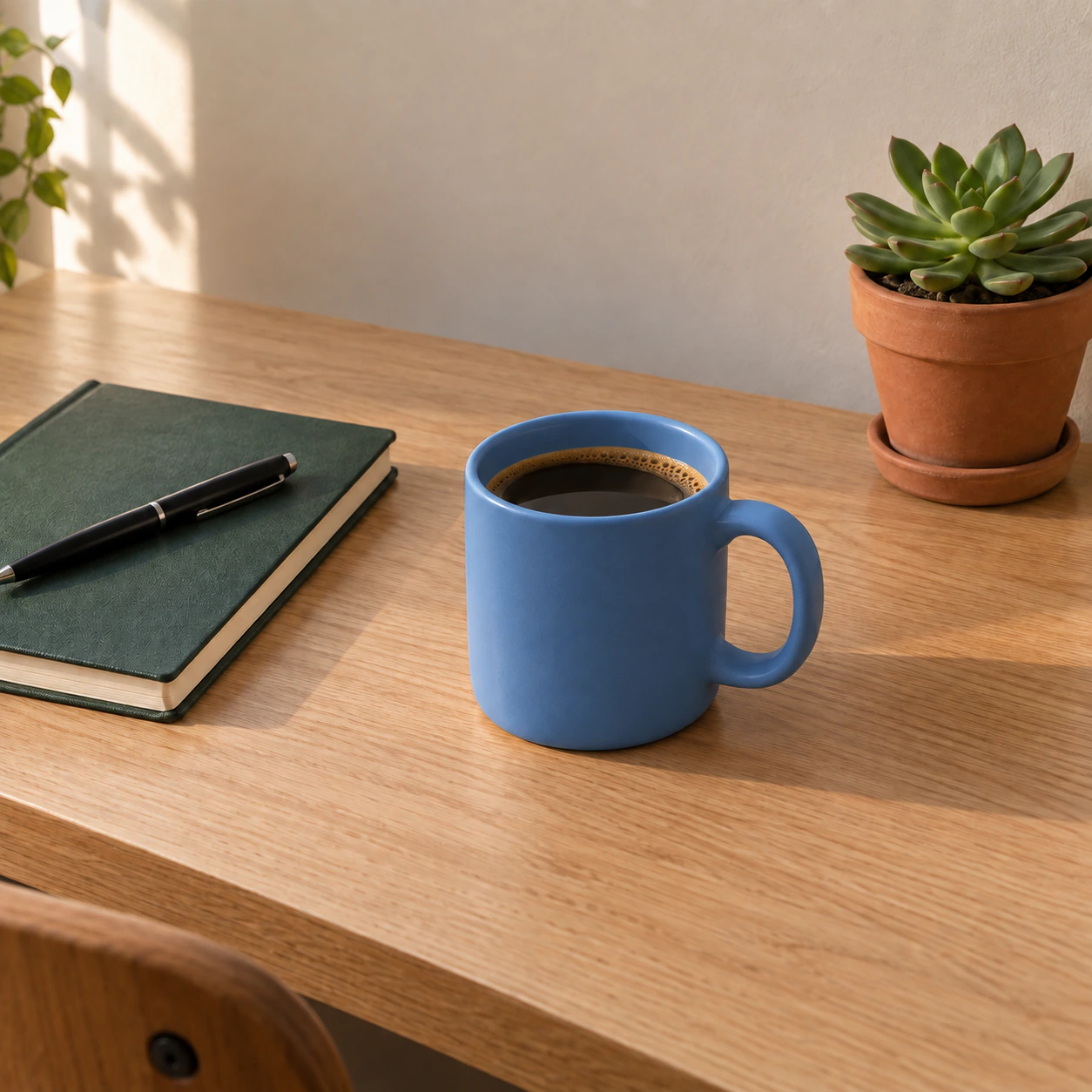 Desk photo with the white mug changed to blue and nearby objects in similar positions