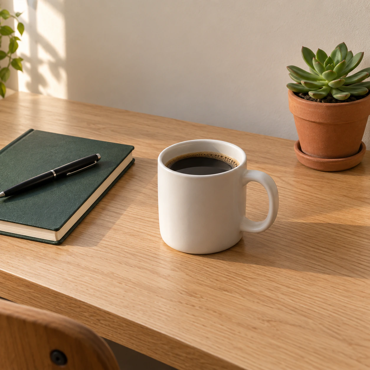 White coffee mug on an oak desk beside a green notebook, black pen, and succulent
