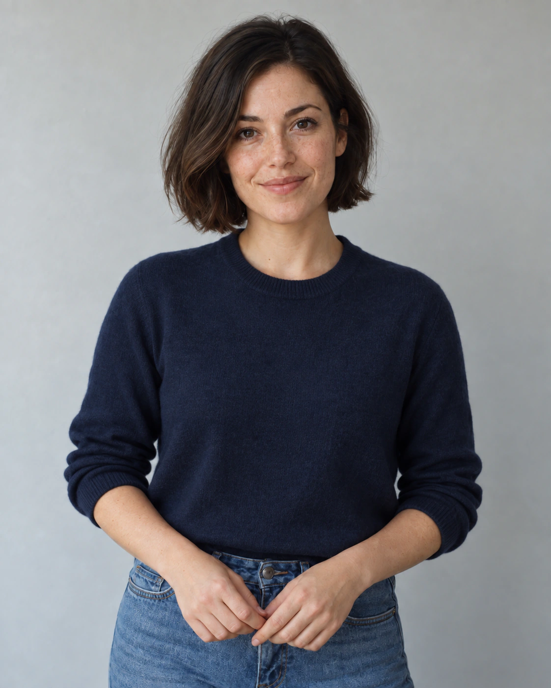 Same portrait edited to show a navy crew-neck sweater above blue jeans