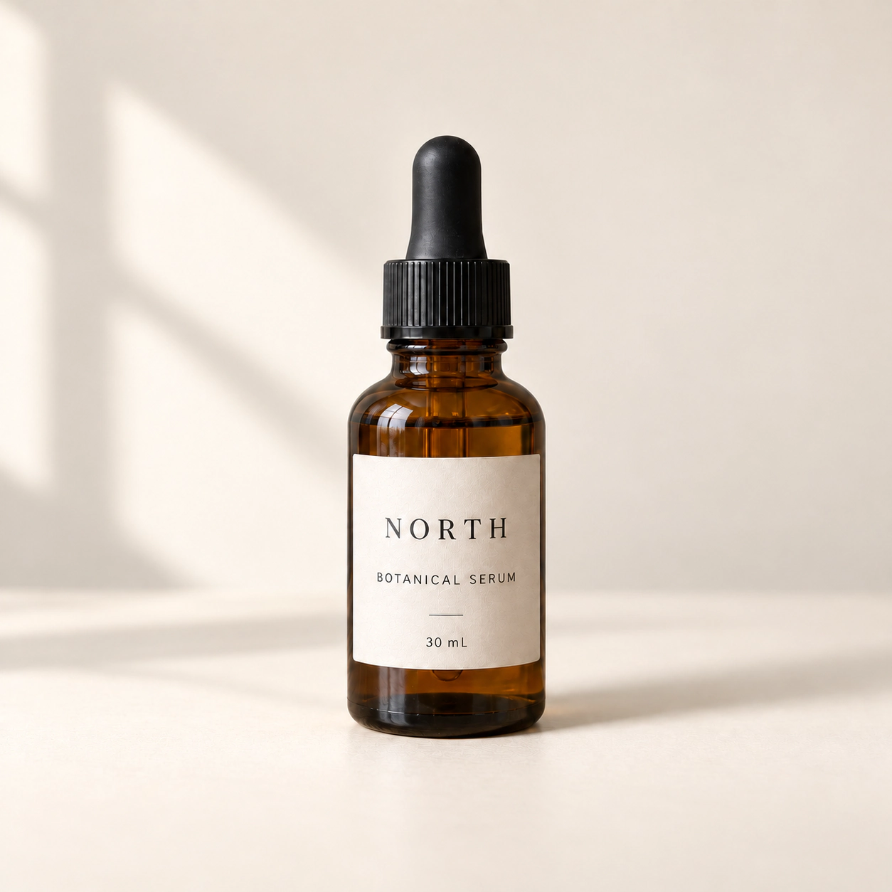Second serum bottle edit with added window-like shadows on the off-white backdrop