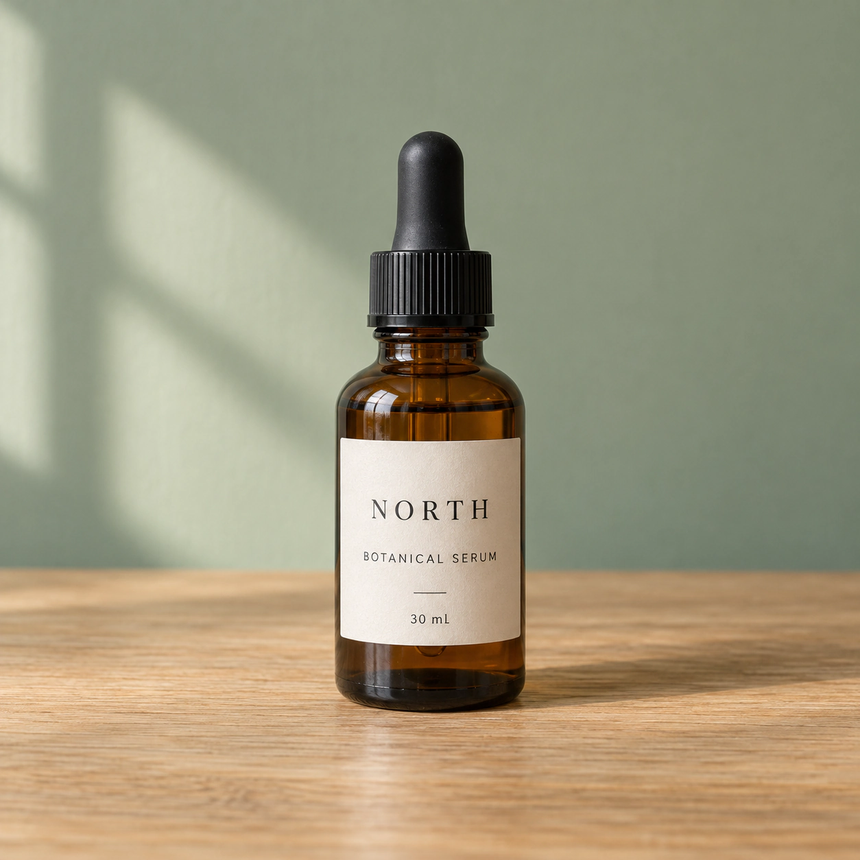 Amber NORTH serum bottle on an oak table against a sage green wall