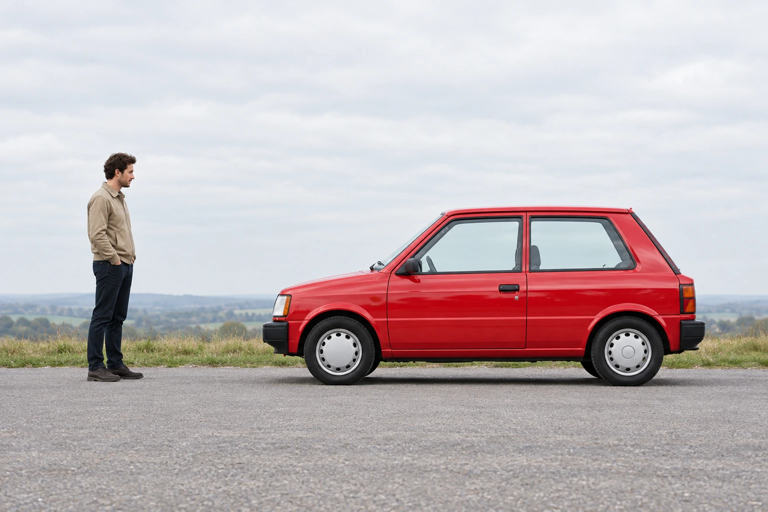 Generated scene with a standing man on the left and a red hatchback in side profile on the right