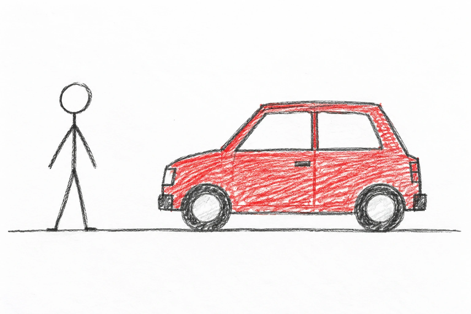 Rough pencil sketch with a stick figure on the left and a red hatchback on the right