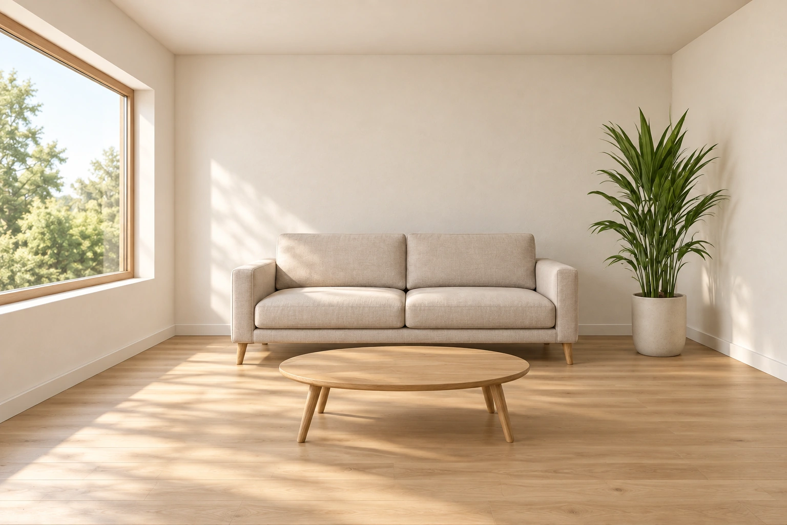 Generated living room with a beige sofa, oval oak coffee table, left window, and tall plant in the right corner