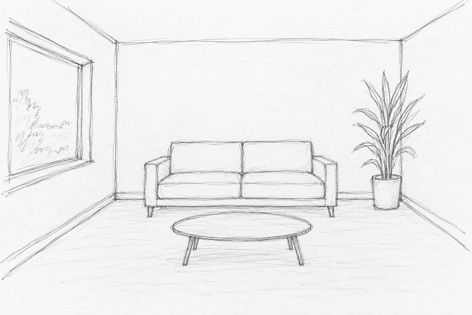 Pencil room sketch with a window on the left, a sofa against the back wall, an oval table, and a plant on the right