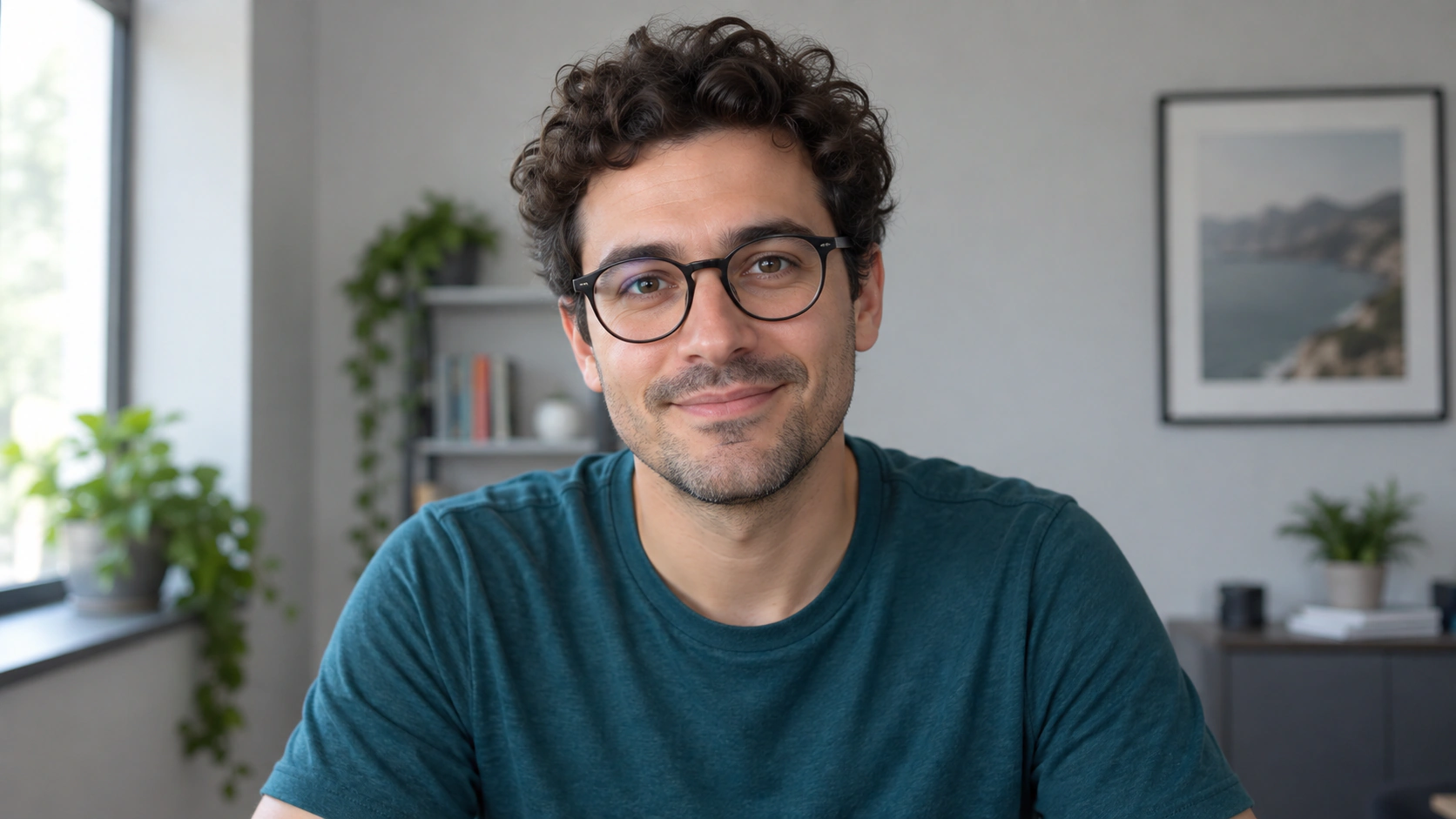 Generated male presenter with curly hair, black glasses, and a teal shirt in an office
