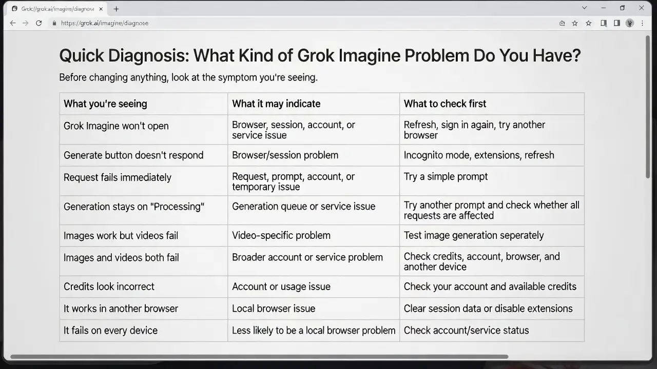 Grok Imagine troubleshooting diagnosis