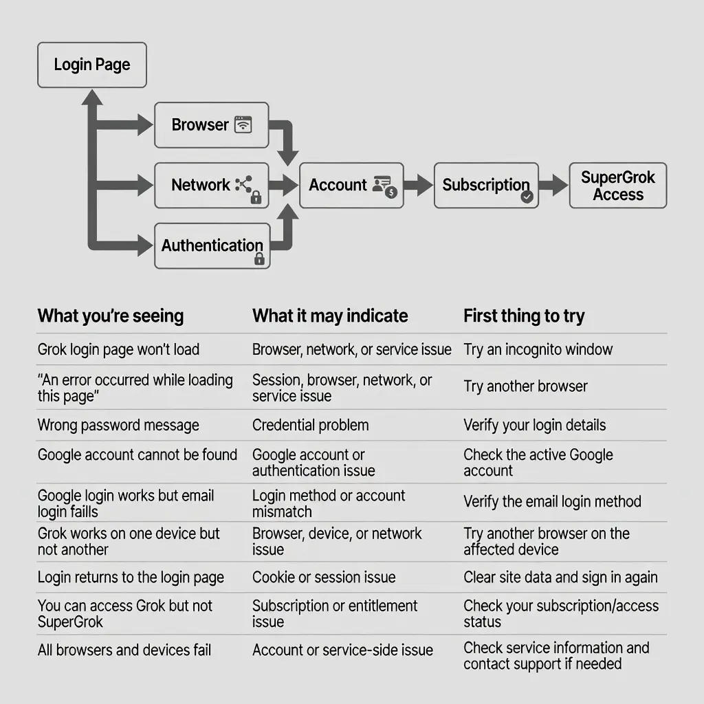grok login error diagnosis table