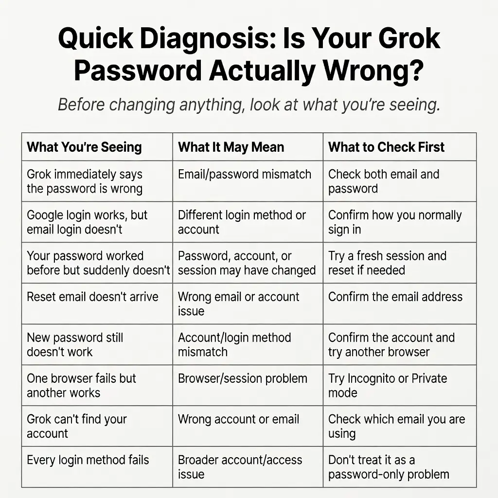 Grok password troubleshooting diagnosis