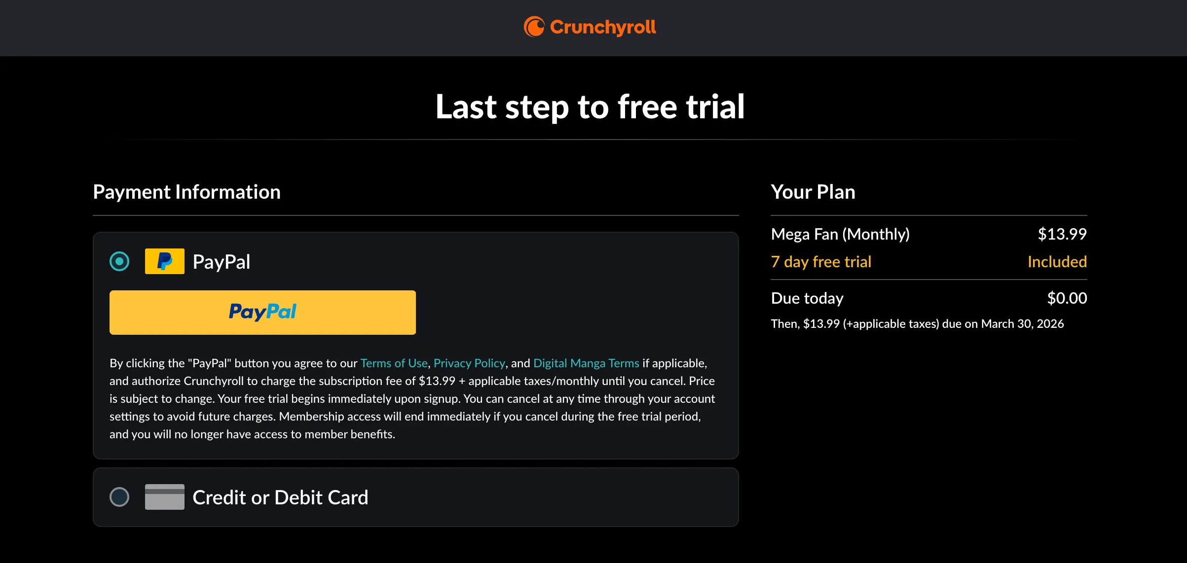 Crunchyroll支払い方法