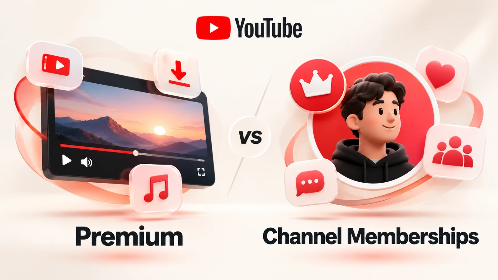 YouTube Premiumとチャンネルメンバーシップの特典範囲を比較した概念図