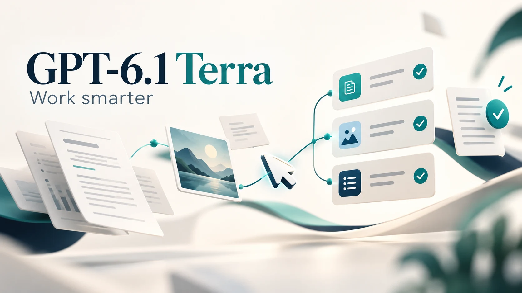 문서, 시각 자료, 컴퓨터 작업이 연결된 GPT-6.1 Terra 개념 이미지