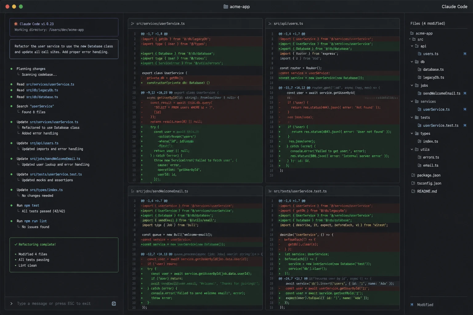 Claude Code multi-file refactoring workflow showing terminal agent editing multiple files