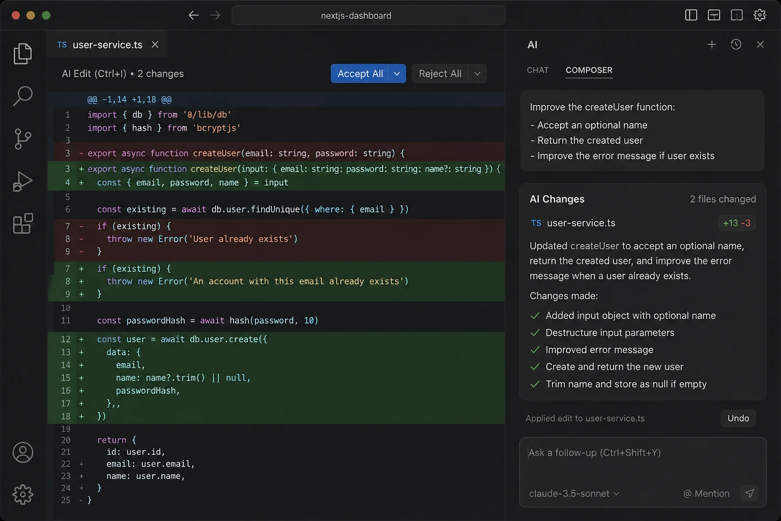 Cursor inline diff view showing AI code changes directly in the editor