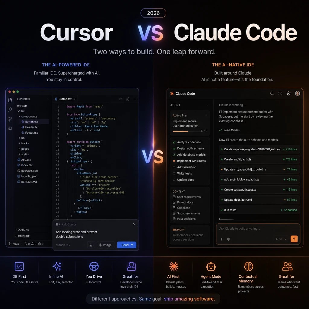 Cursor vs Claude Code 2026 comparison hero banner showing terminal CLI vs AI-native IDE side by side