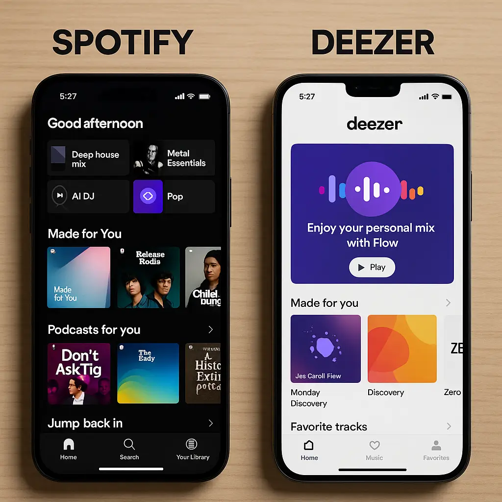 Deezer vs Spotify homepage
