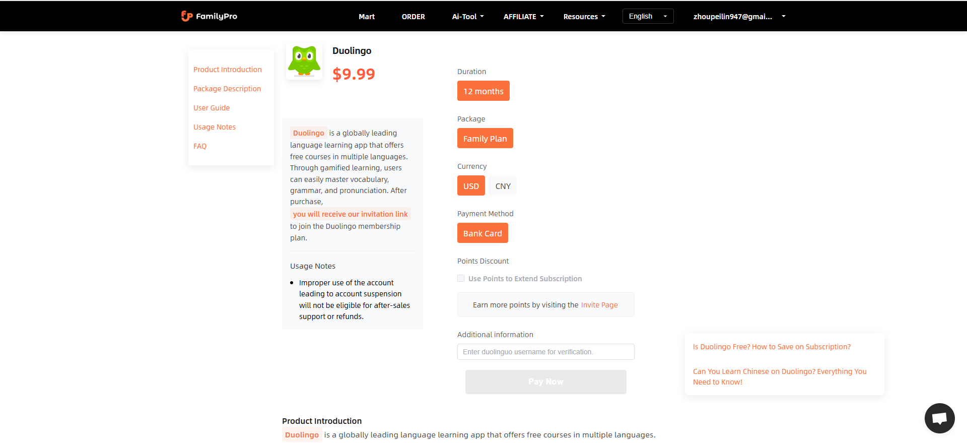 Duolingo Family Plan Product