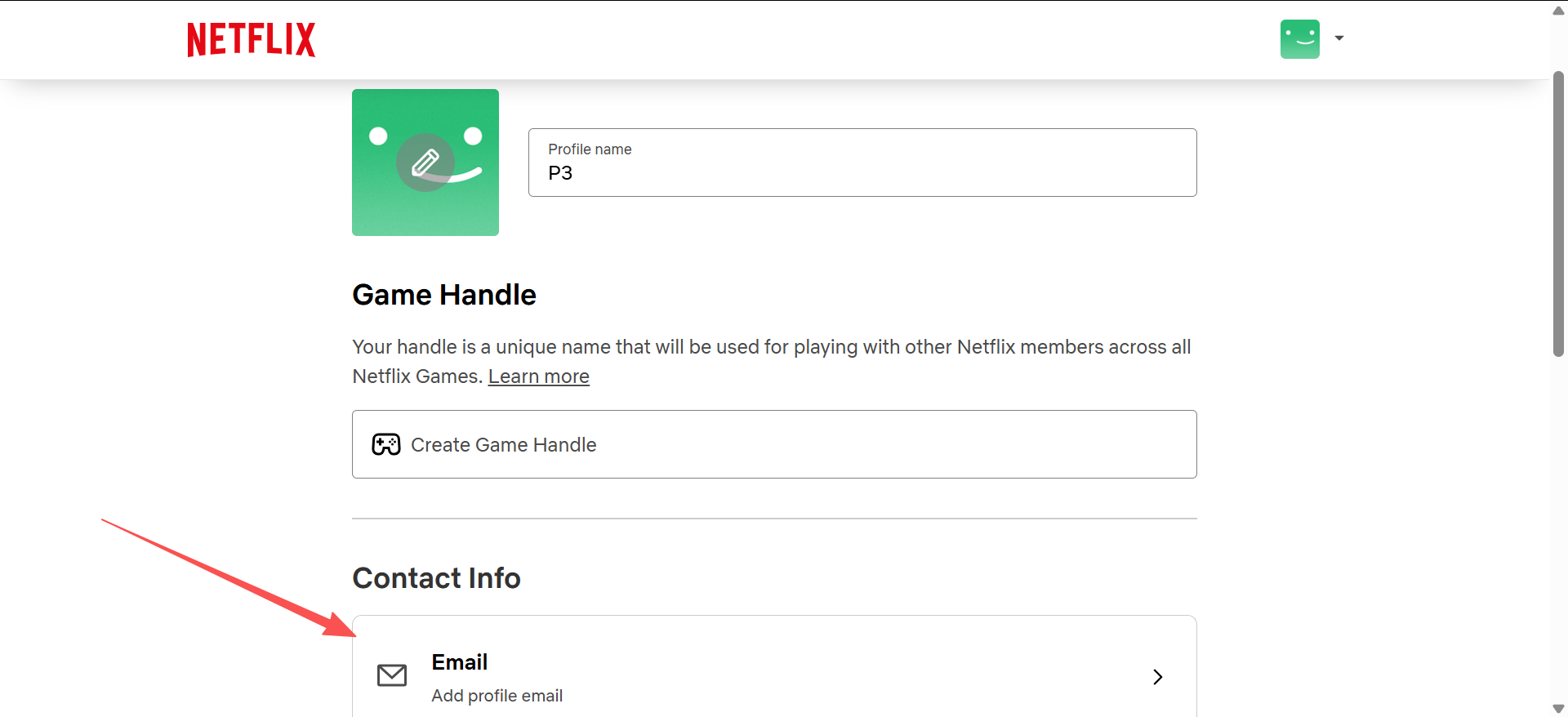 Netflix profile editing page showing name, icon, and settings options