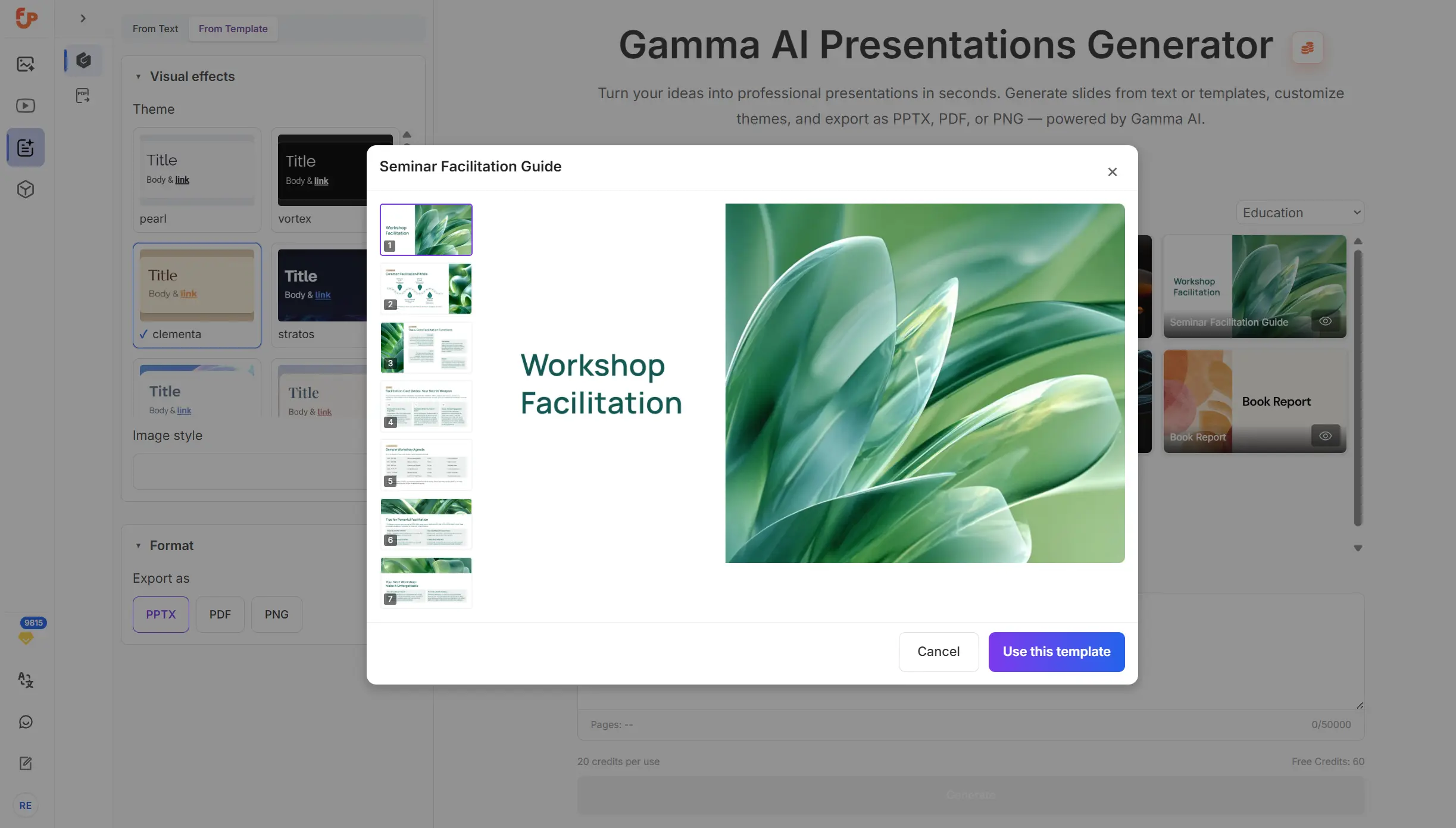 Preview and select a Gamma AI presentation template