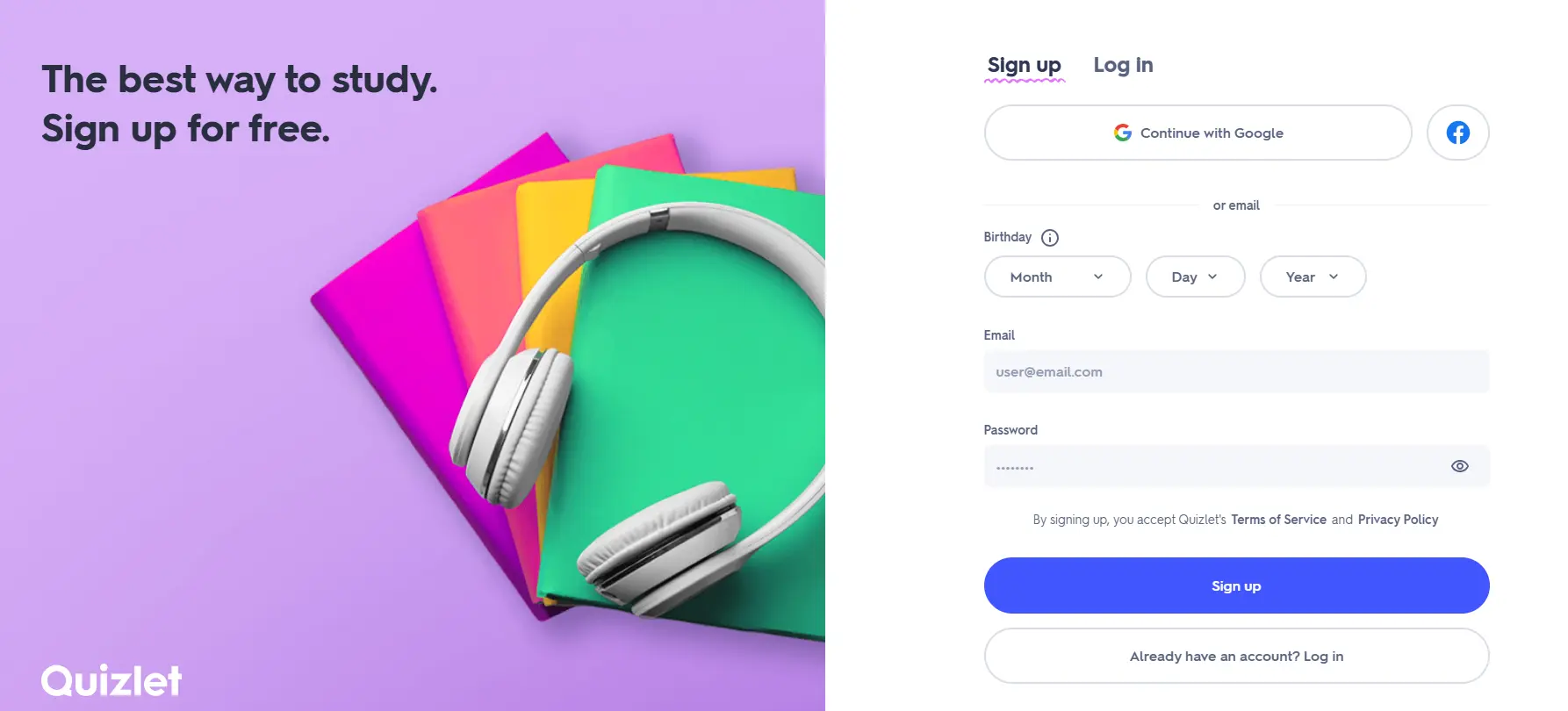 sign up for Quizlet