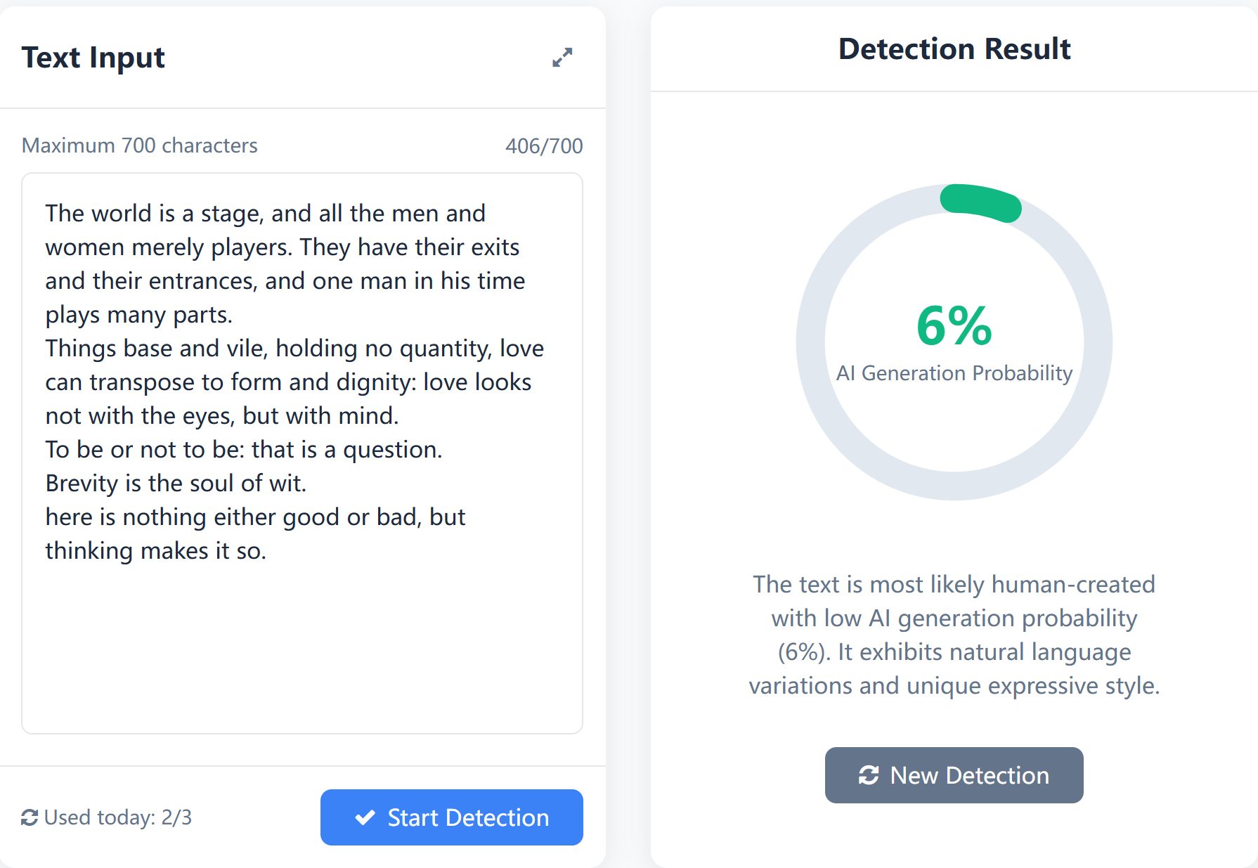 Student essay detection case showing low AI probability